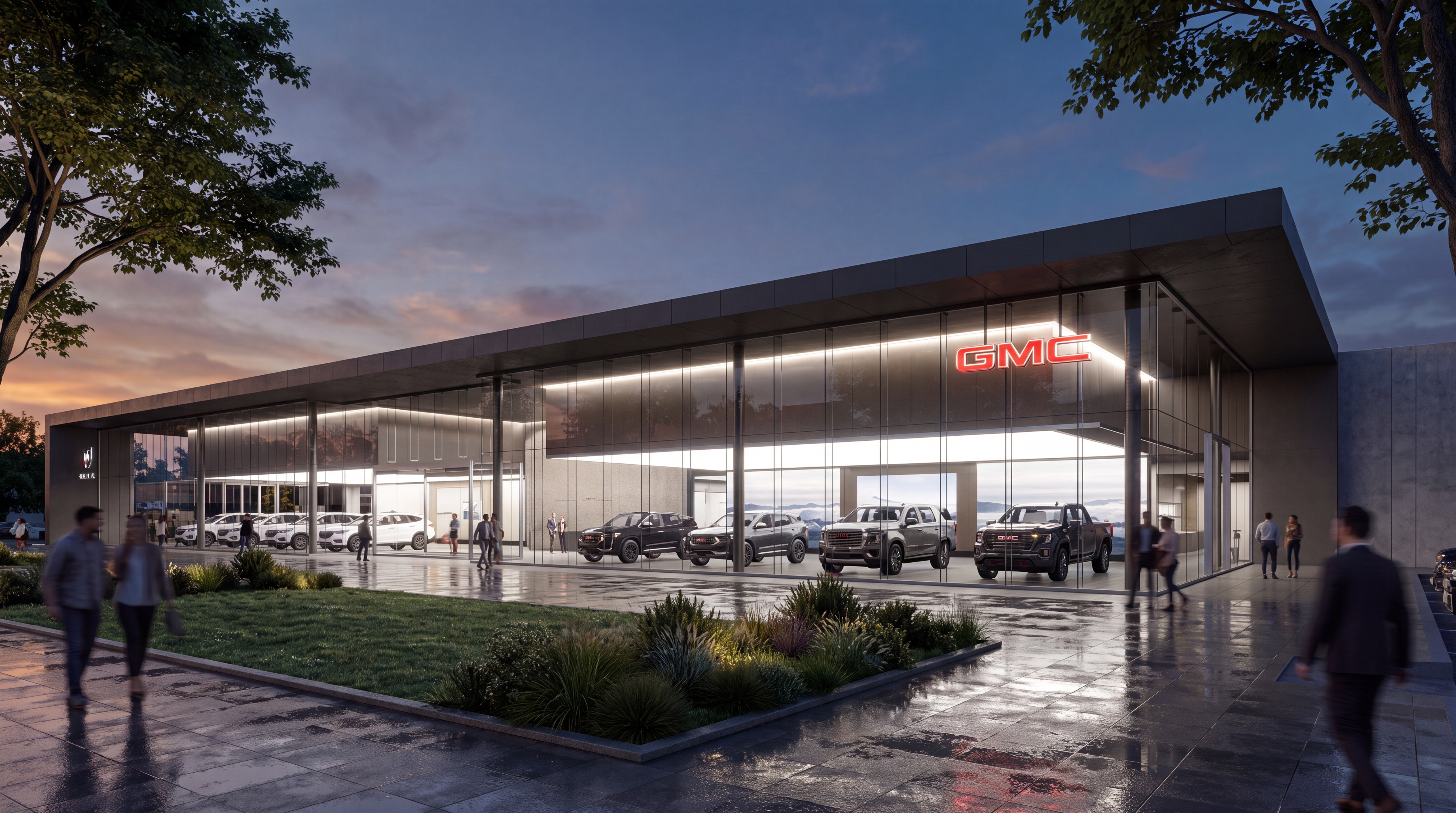 Automotive showroom at dusk, glass facade and illuminated interior