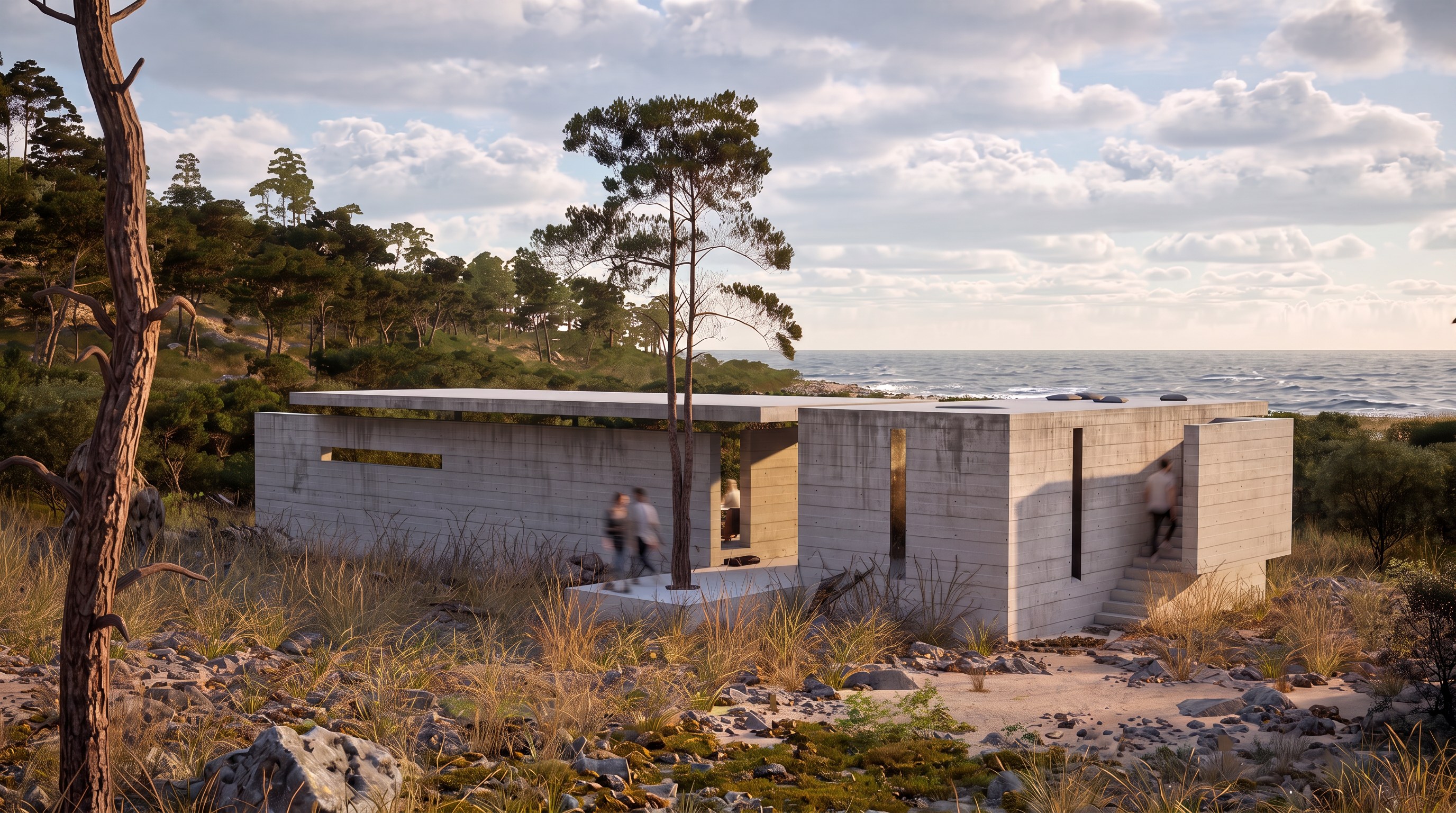 Concrete house on a coastal dune among pines