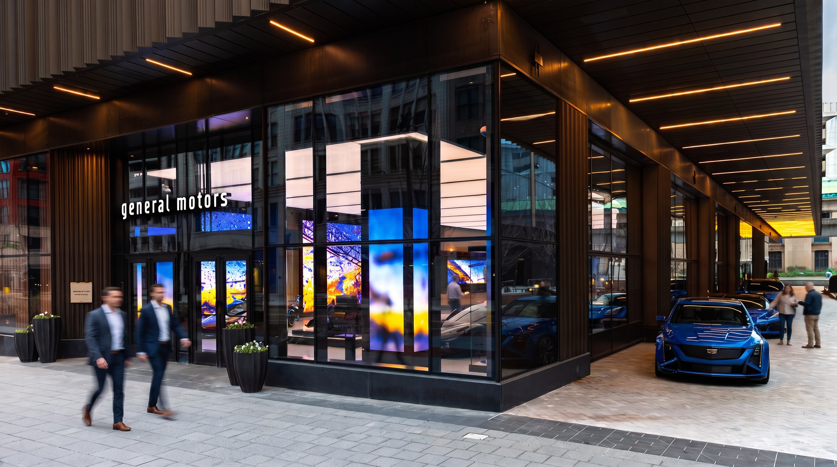 General Motors Design District storefront at dusk