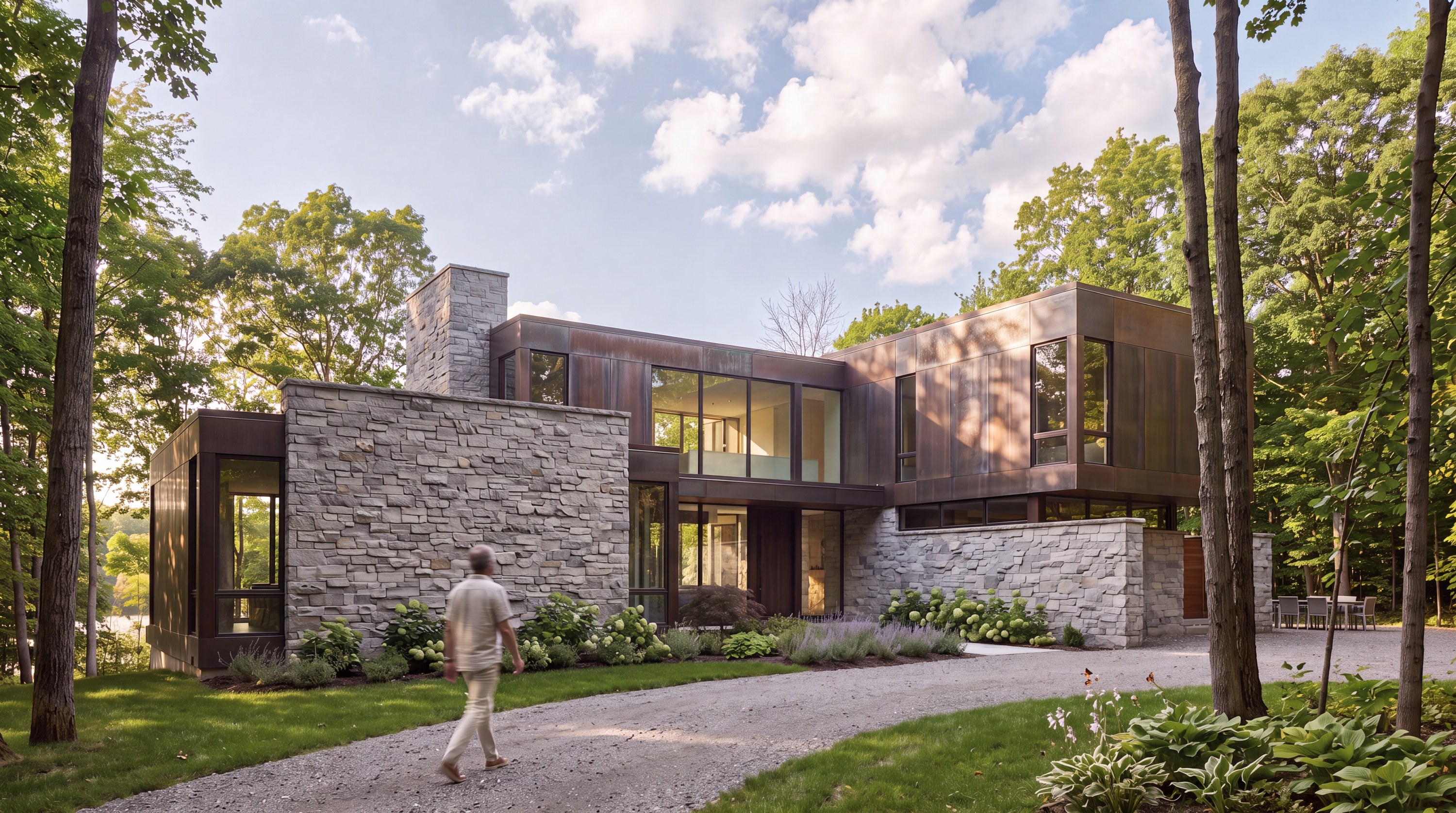 Stone and weathered-copper house in the woods