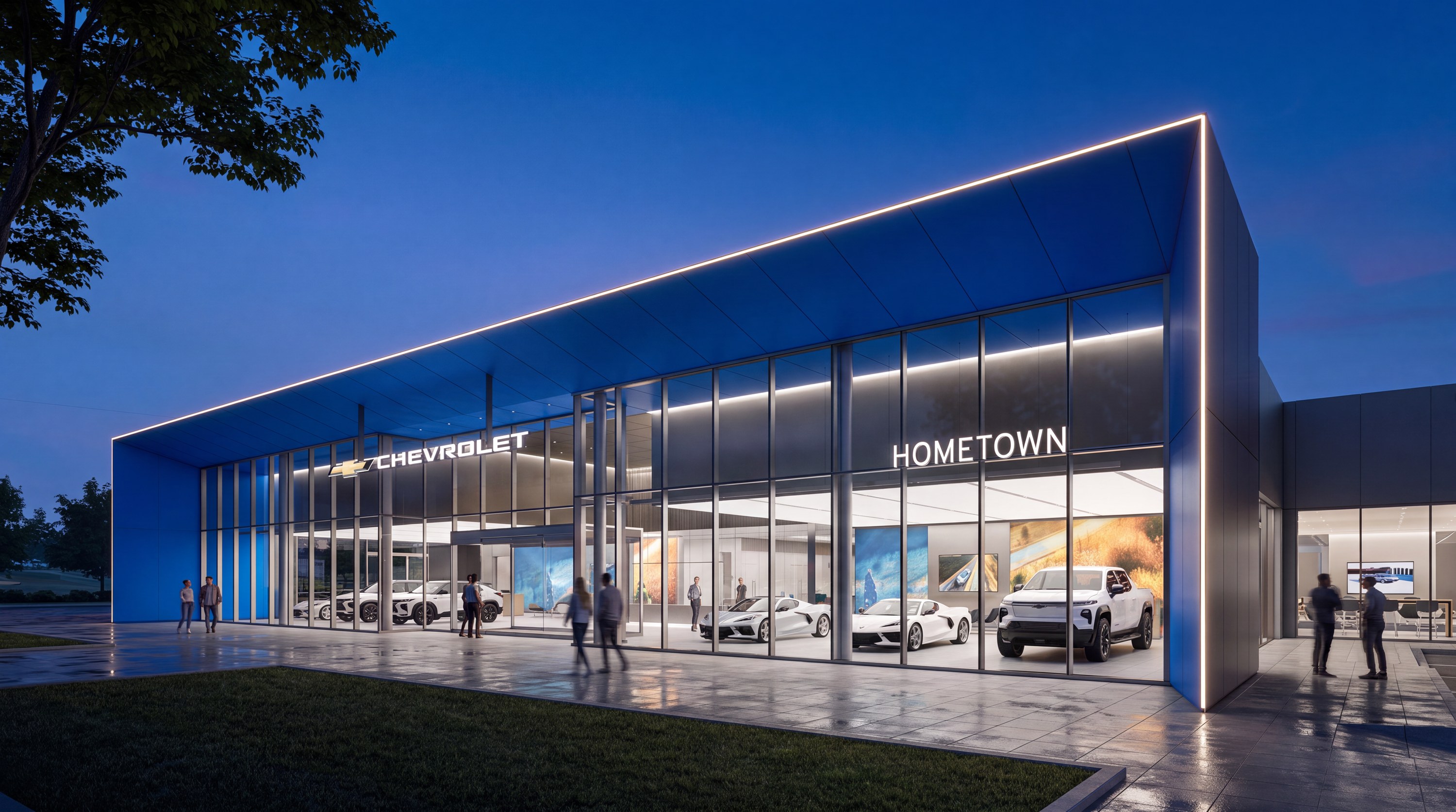 Chevrolet Hometown dealership at blue hour