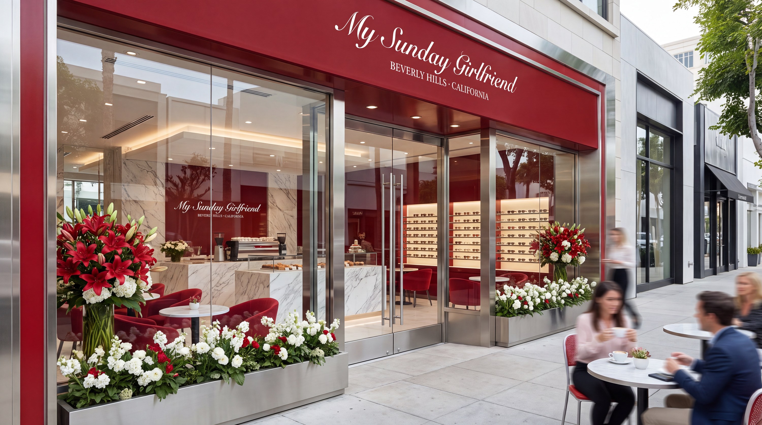 Cafe storefront in red and steel, Beverly Hills