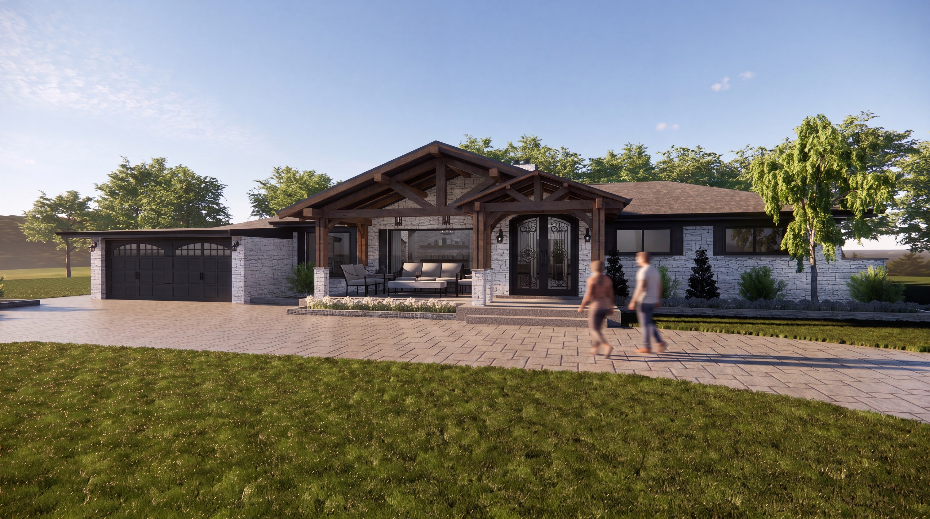 Stone ranch house with timber-trussed entry porch and iron doors