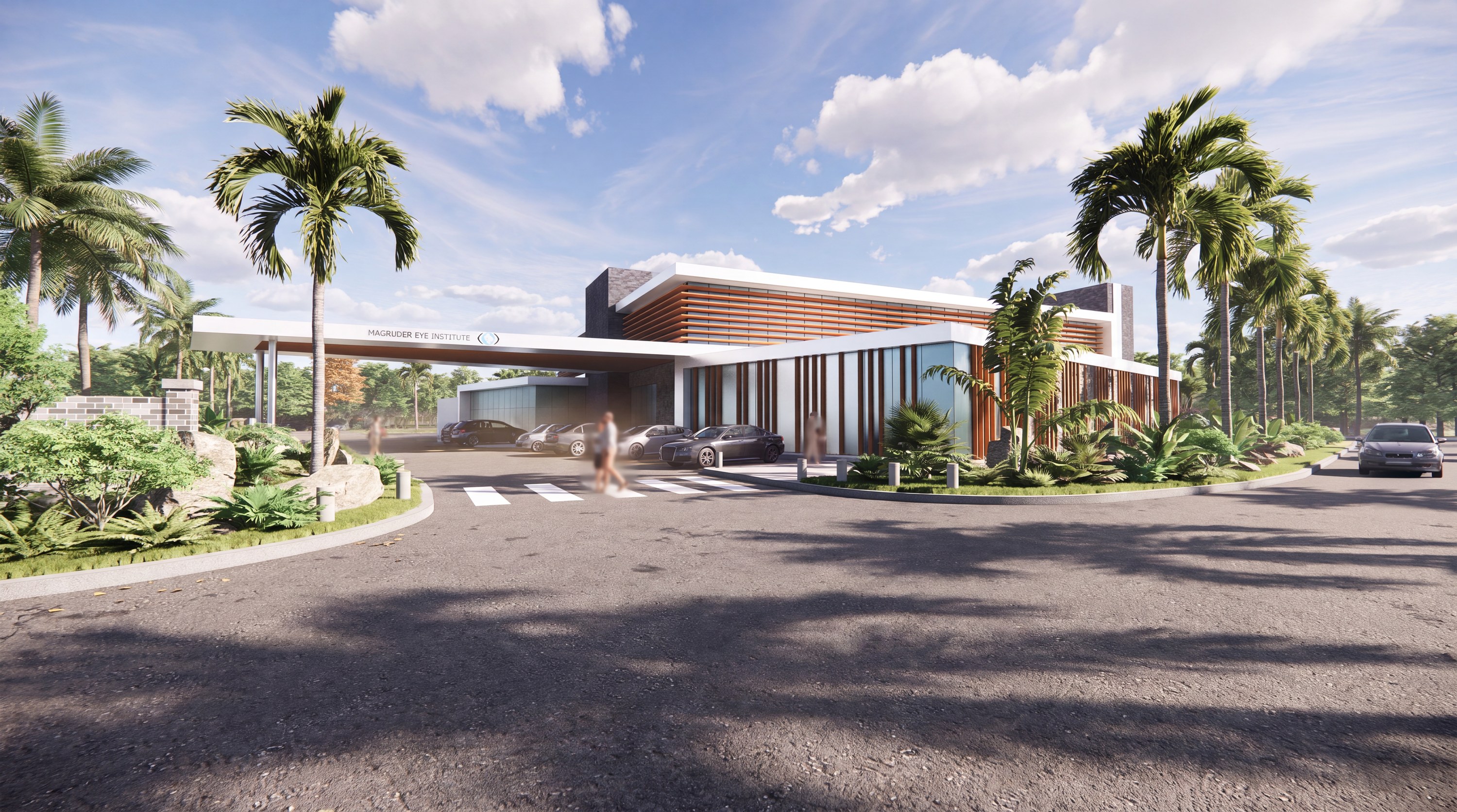 Ophthalmology clinic with a long entry canopy, timber louvers, and palms