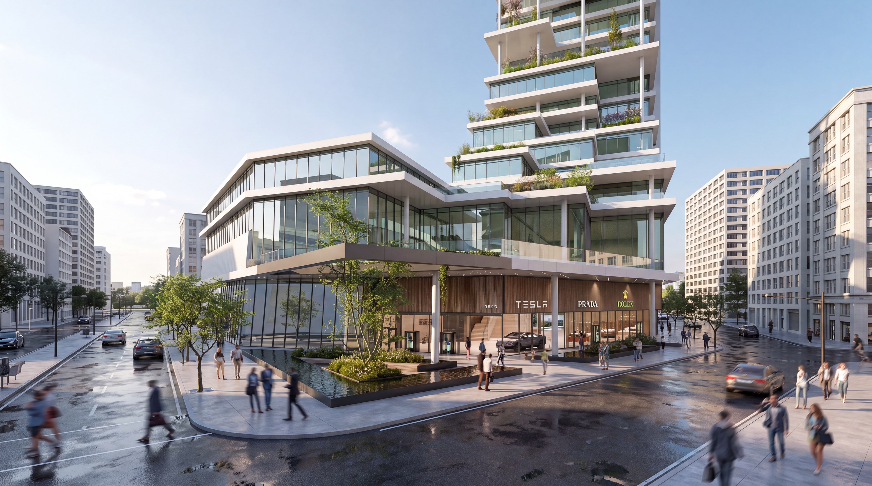 Terraced mixed-use tower with planted balconies over a luxury retail podium