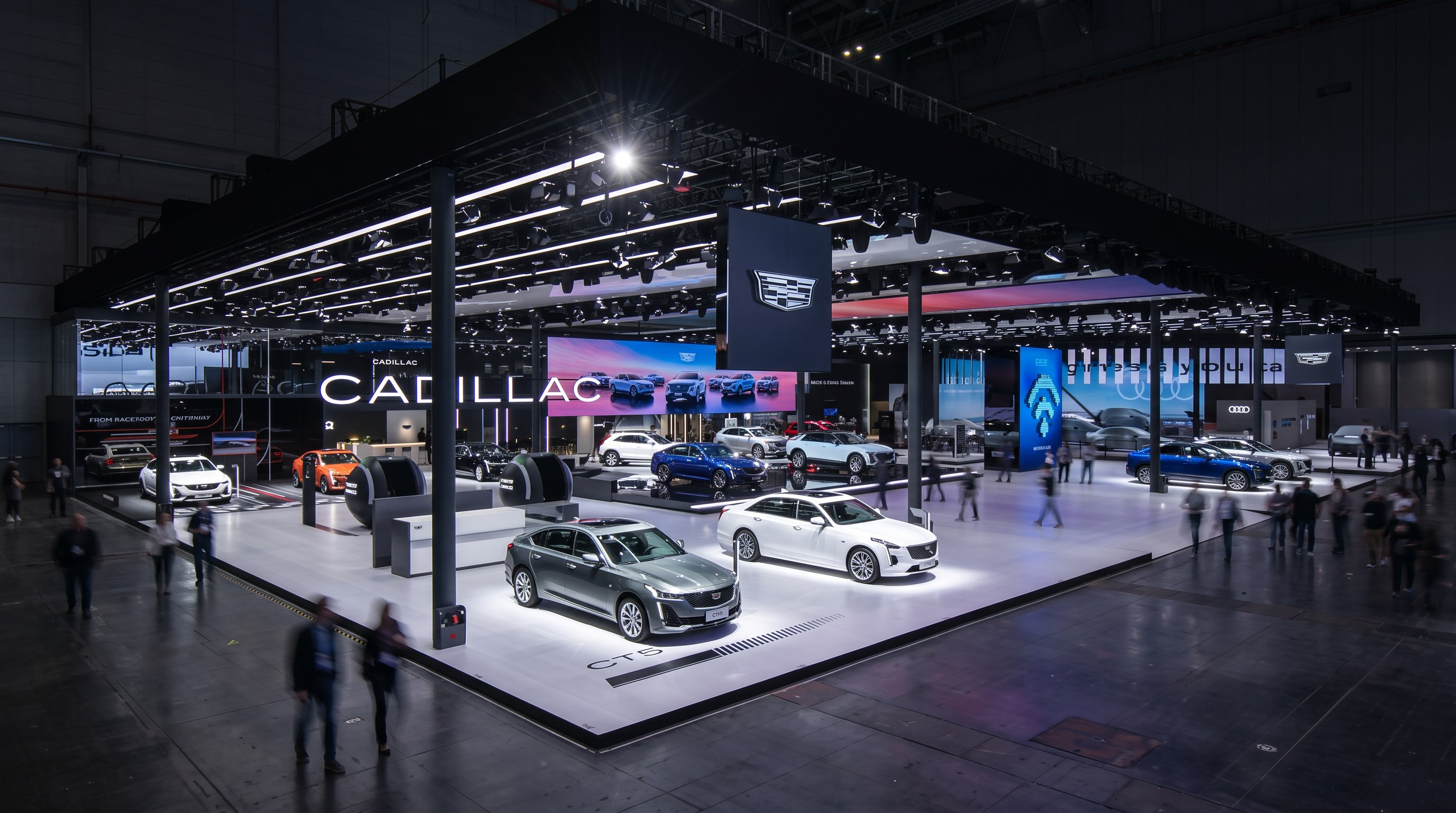 Full auto show stand under a black canopy of light