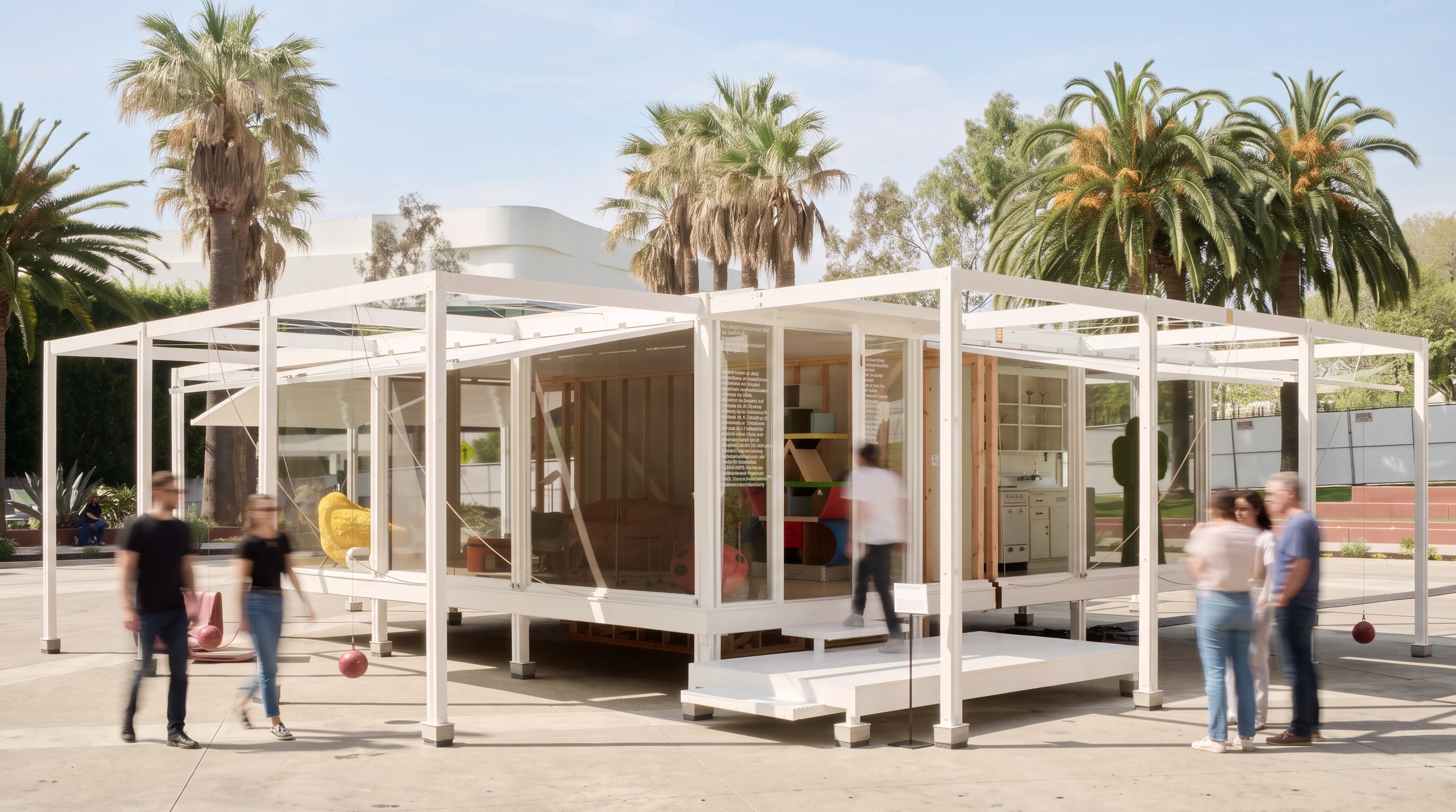 White steel exhibition pavilion among palms