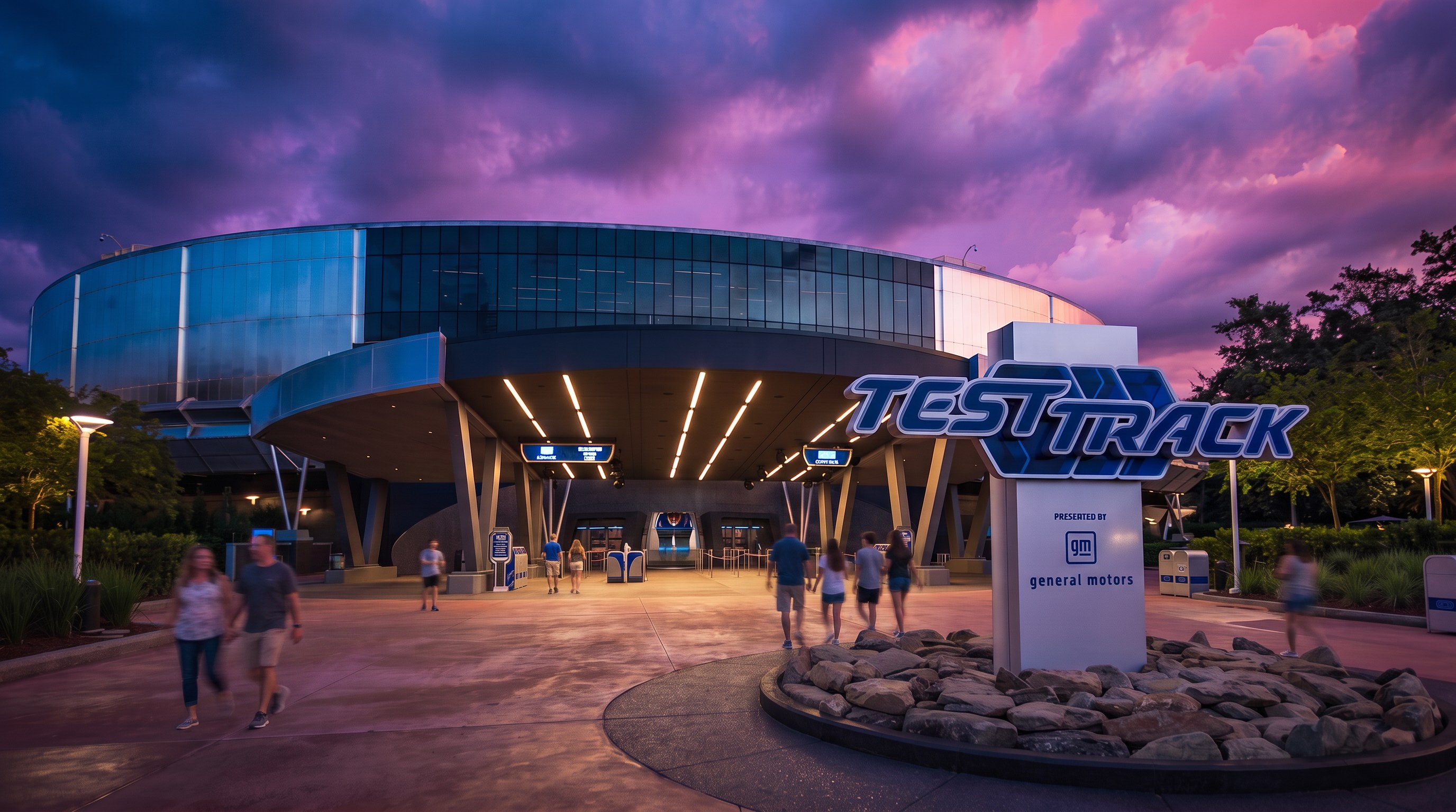 Attraction entrance at dusk under a violet sky