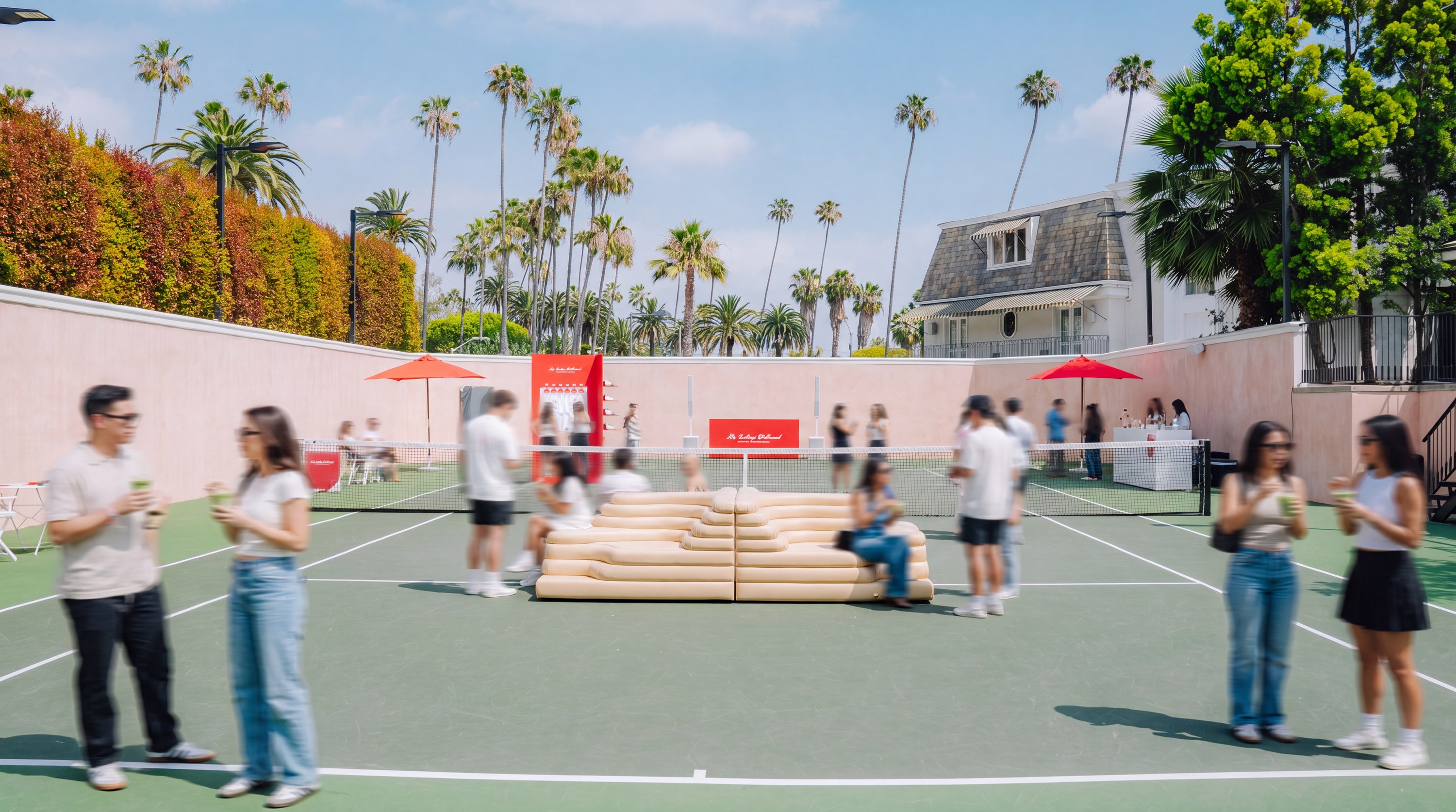 Court party under palms: guests, red umbrellas, and a sculpted lounge at the net