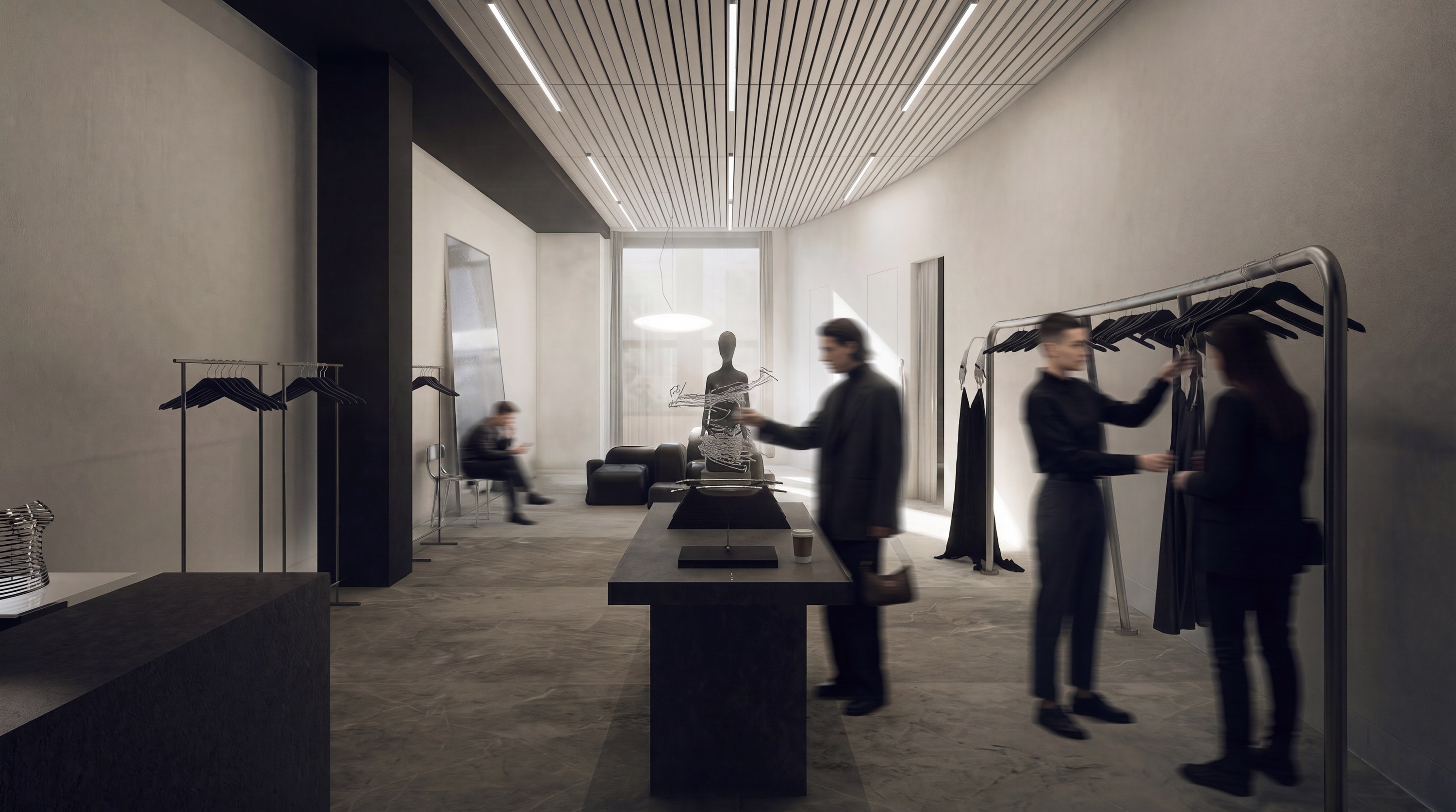Monochrome fashion boutique in stone and steel