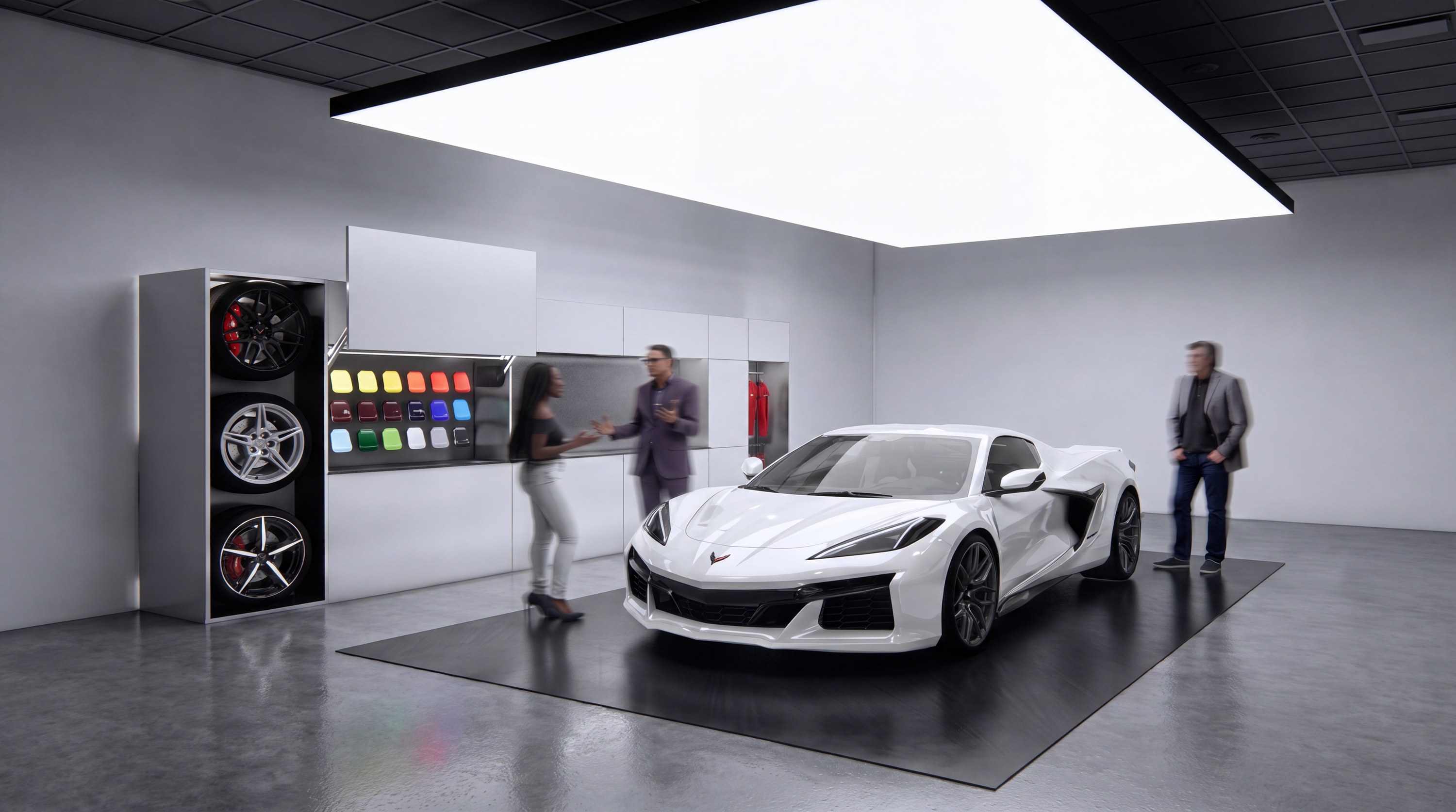 Configuration studio with wheels, paint chips, and a white coupe