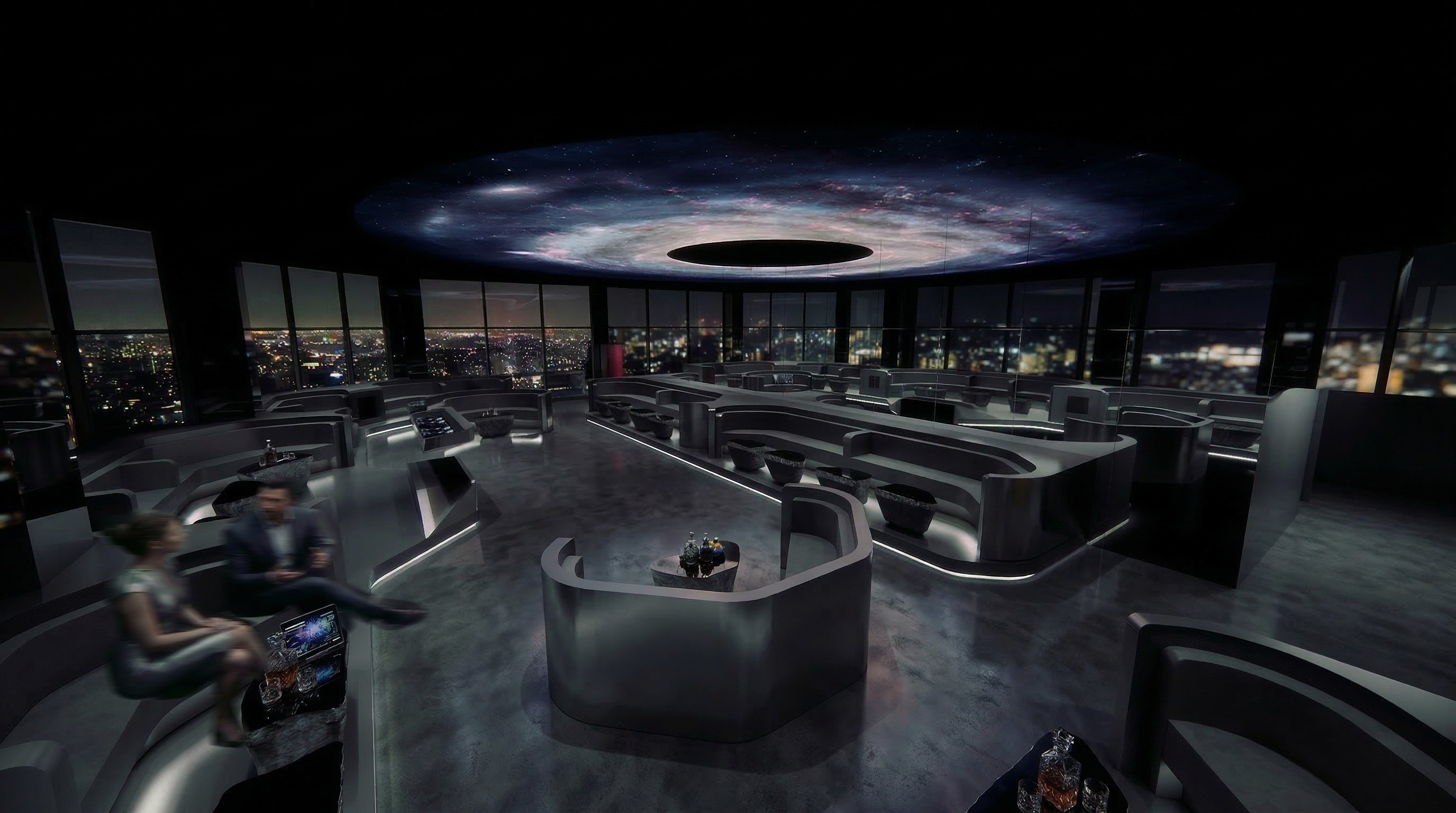 Sky lounge at night beneath a projected galaxy ceiling