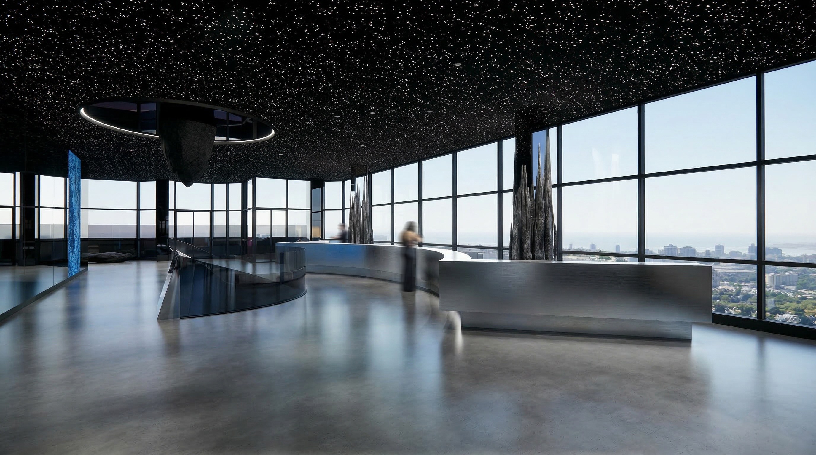 Observation level with a starfield ceiling above glass and steel