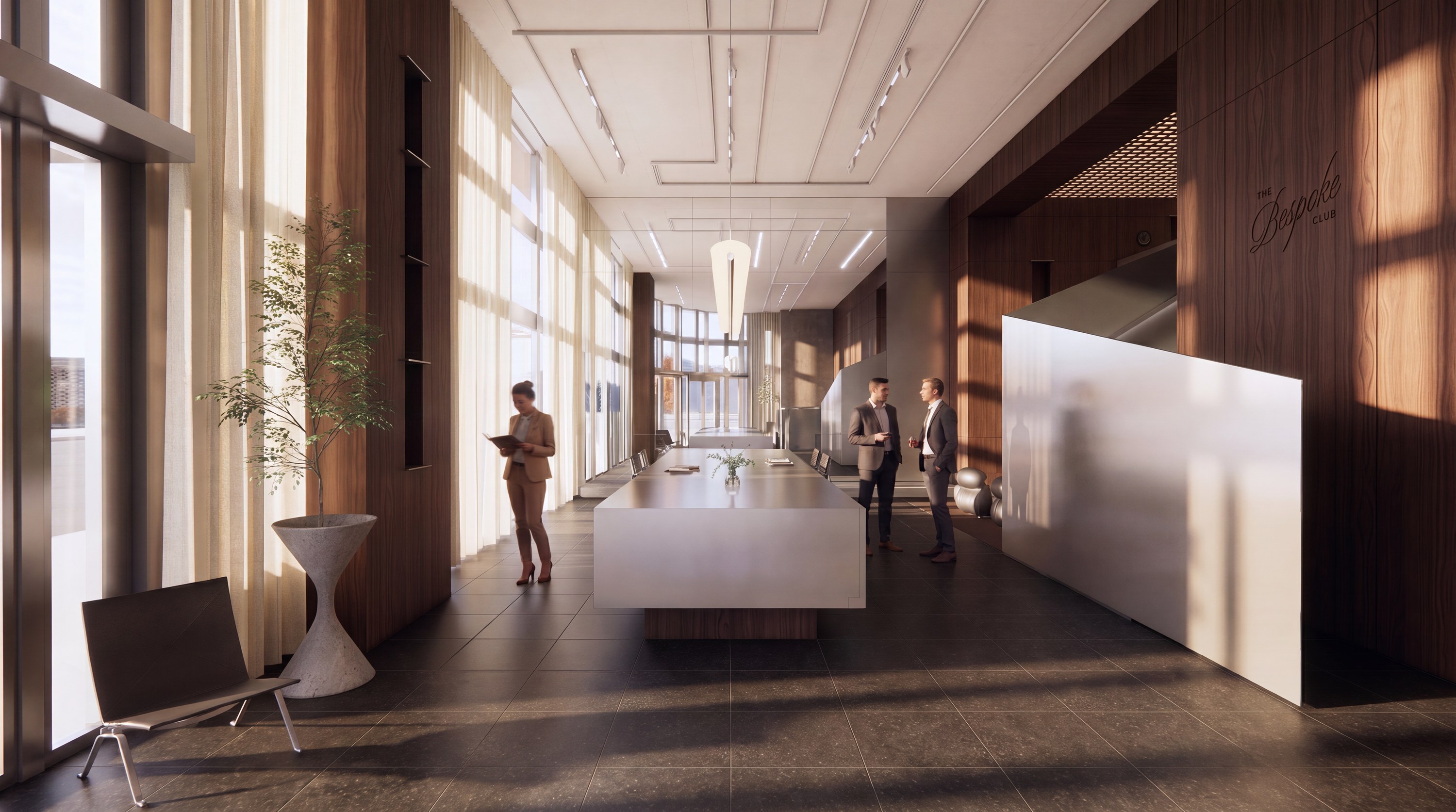 Double height club lobby in walnut and stone, morning light