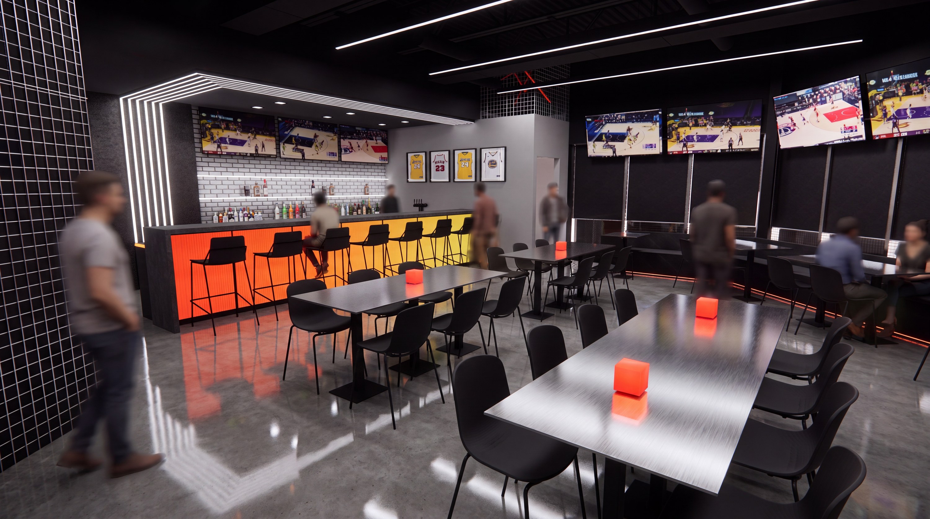 Sports bar with an illuminated orange bar, framed jerseys, and game screens