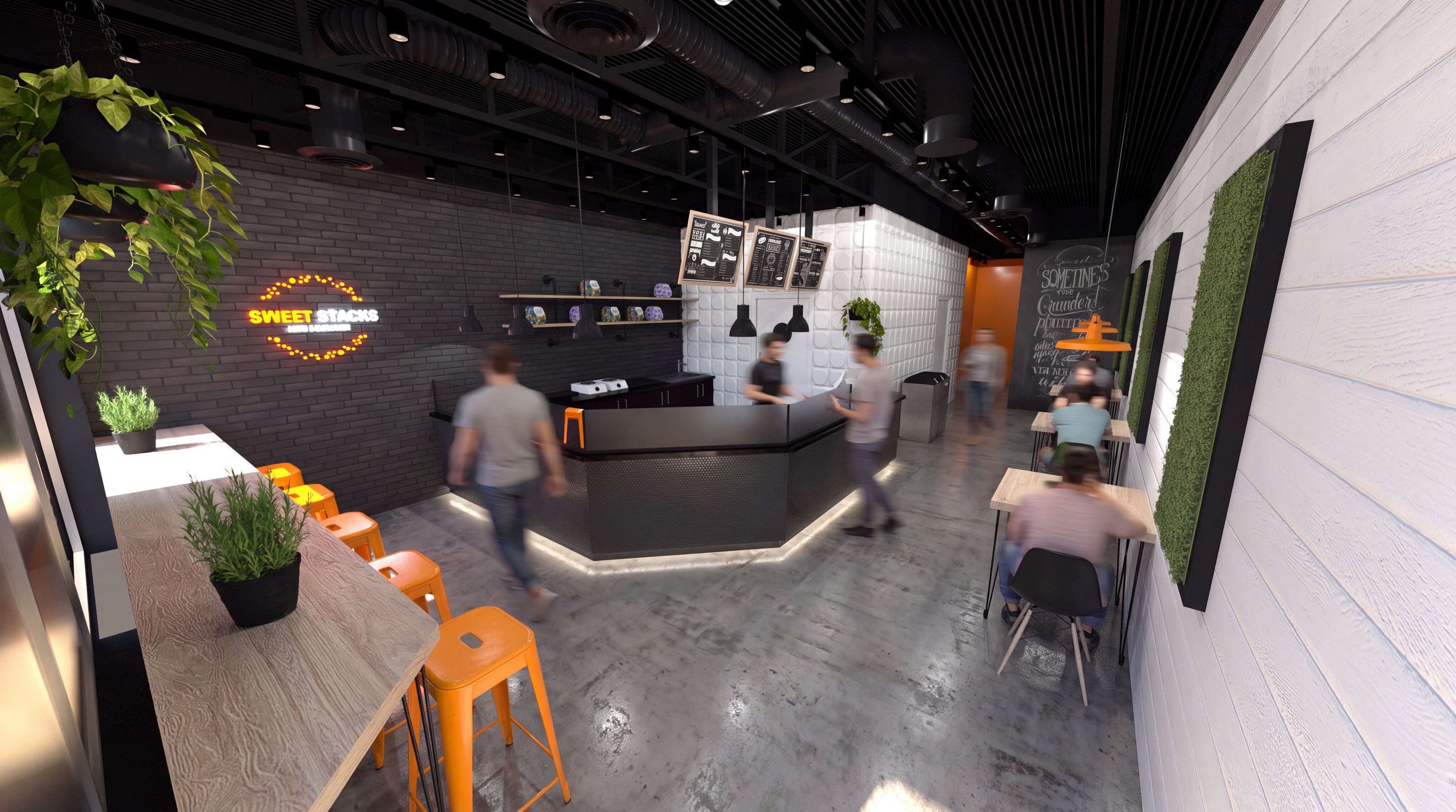 Sweet shop with a neon sign, black brick, candy shelves, and orange stools