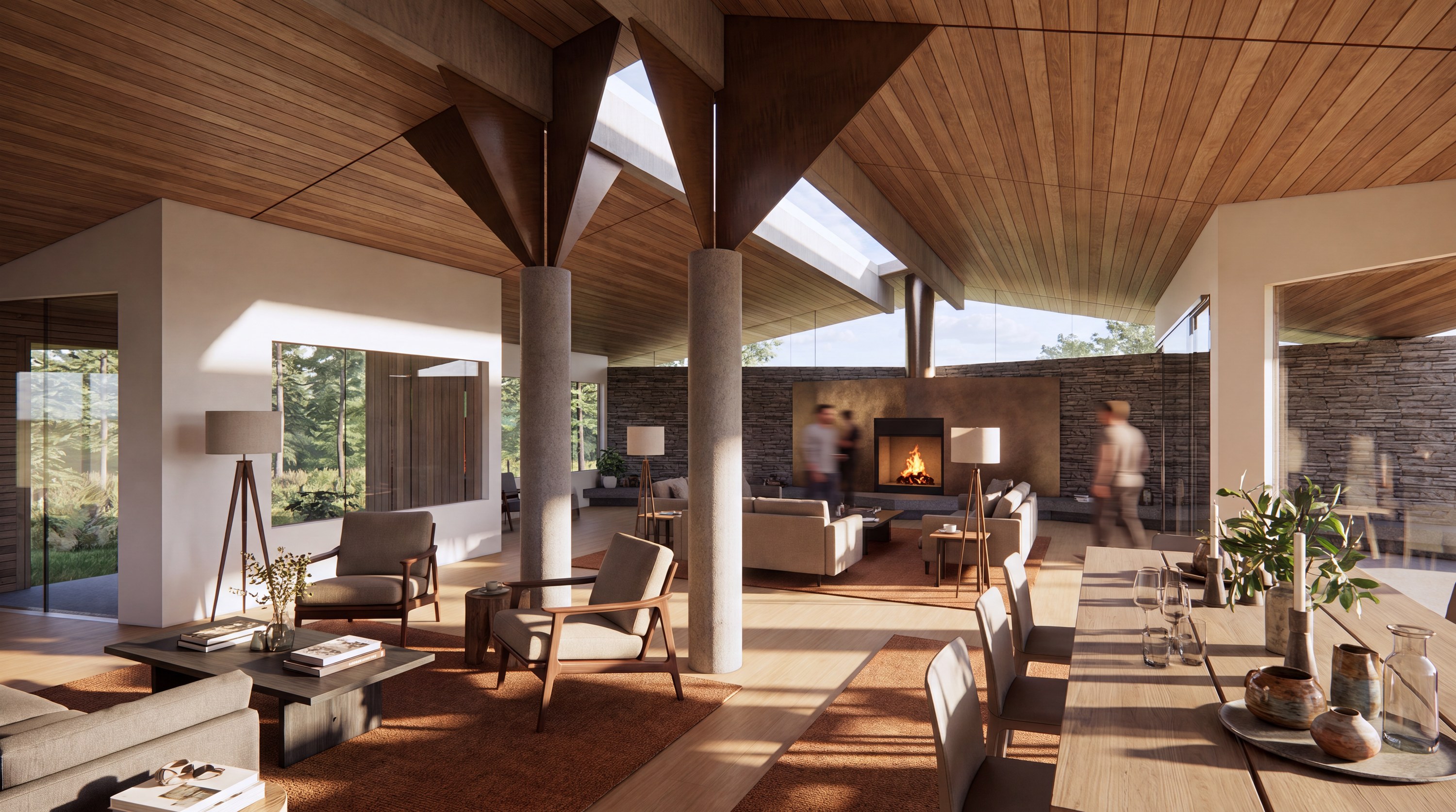 Cabin great room with folded timber ceiling, stone walls, and a fireplace