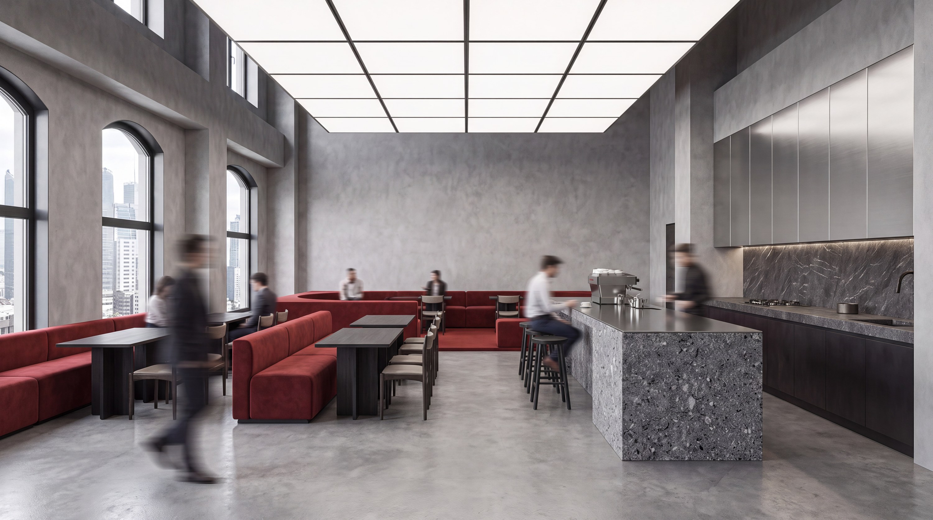 Cafe with red velvet banquettes, arched windows, and a terrazzo coffee island