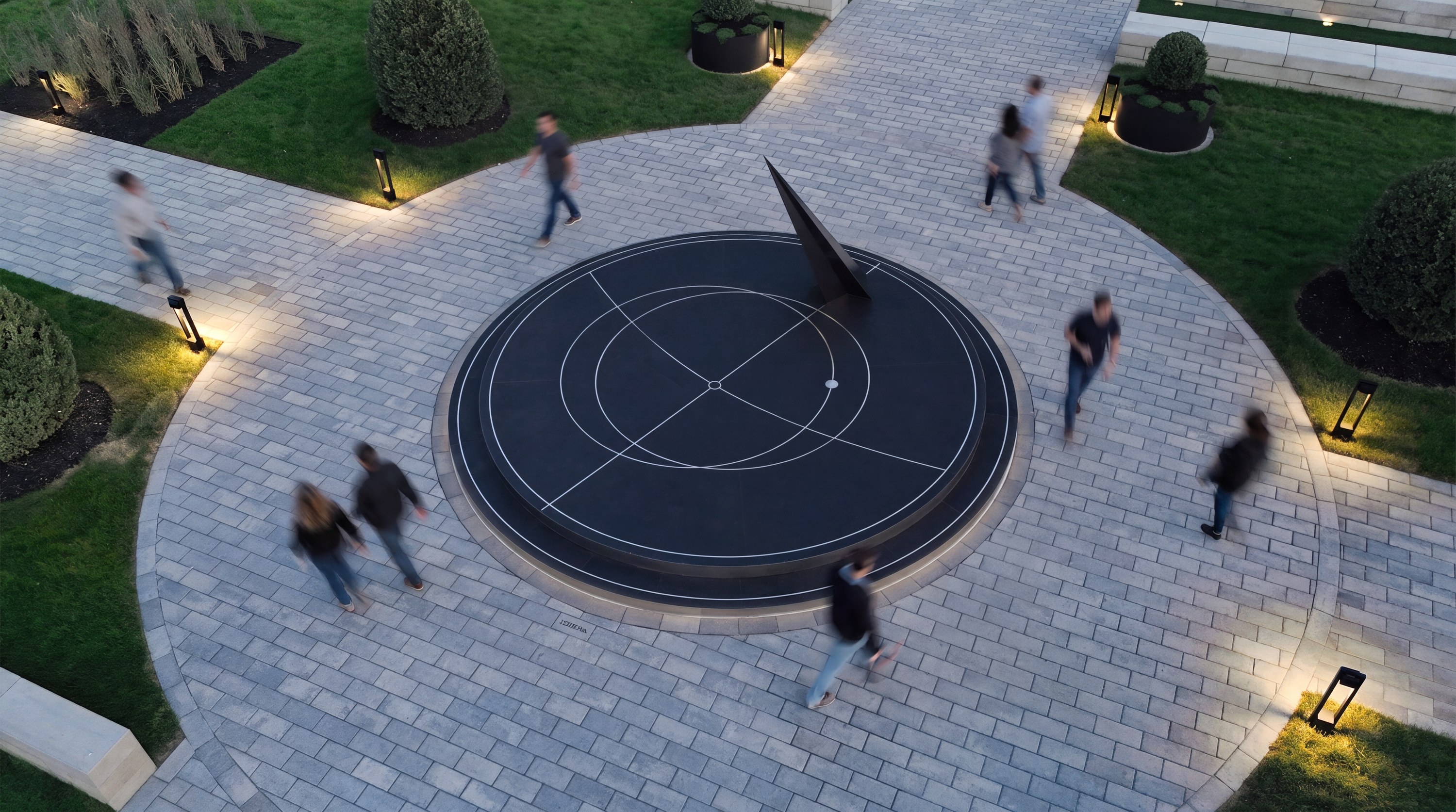 Sundial court with a steel gnomon in an engraved stone plaza at dusk