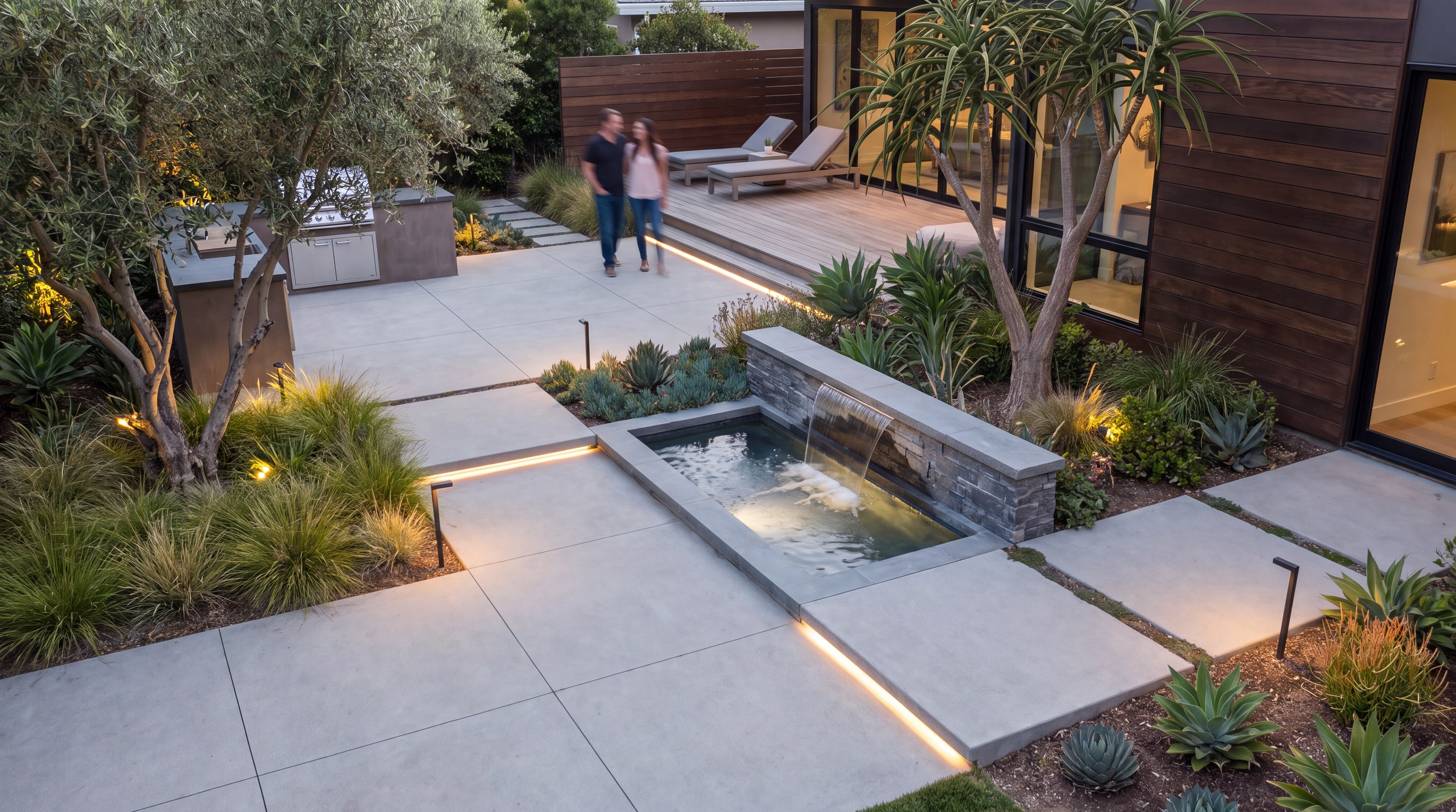 Residential garden with plunge pool, olive trees, and lit paving