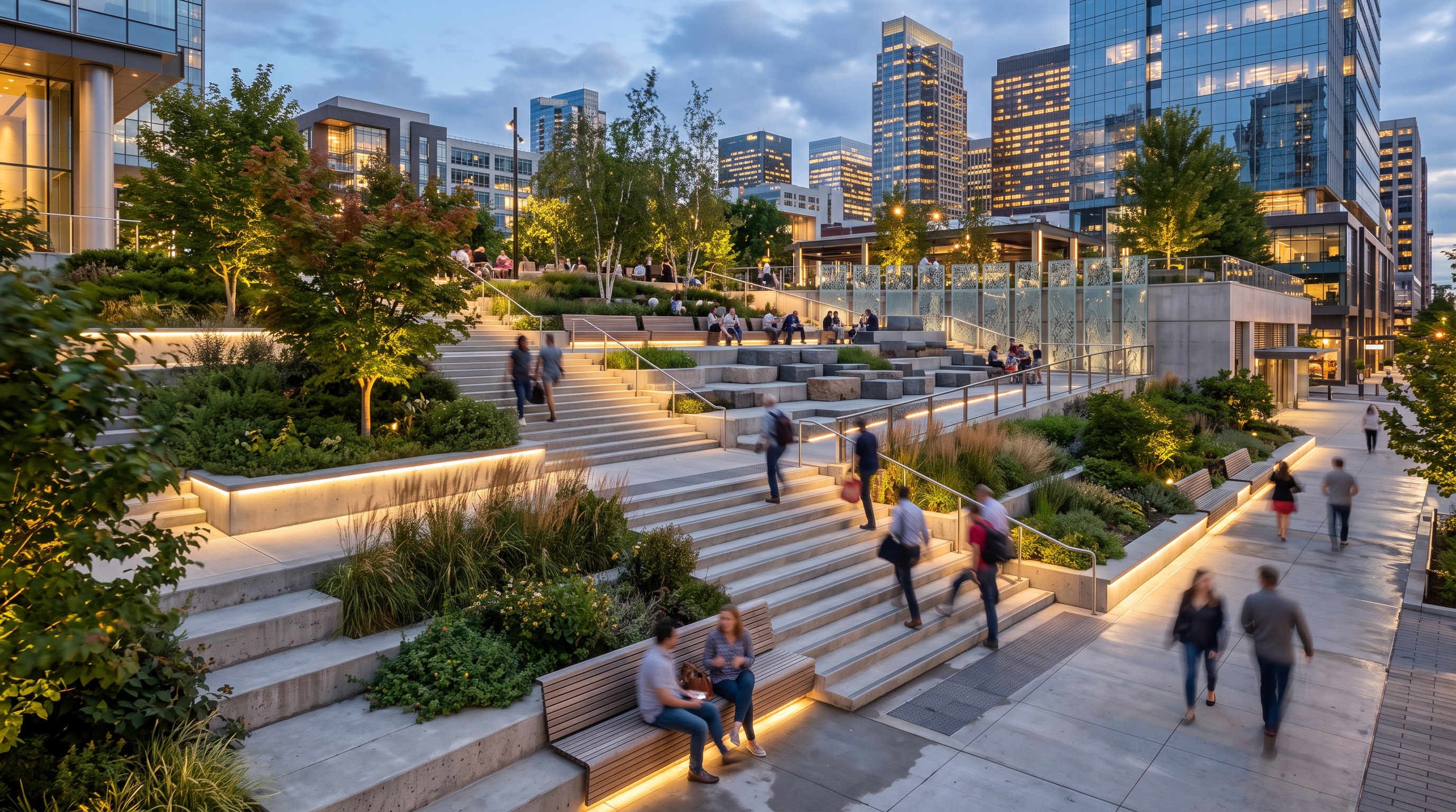 Terraced public steps with planted gardens downtown at dusk