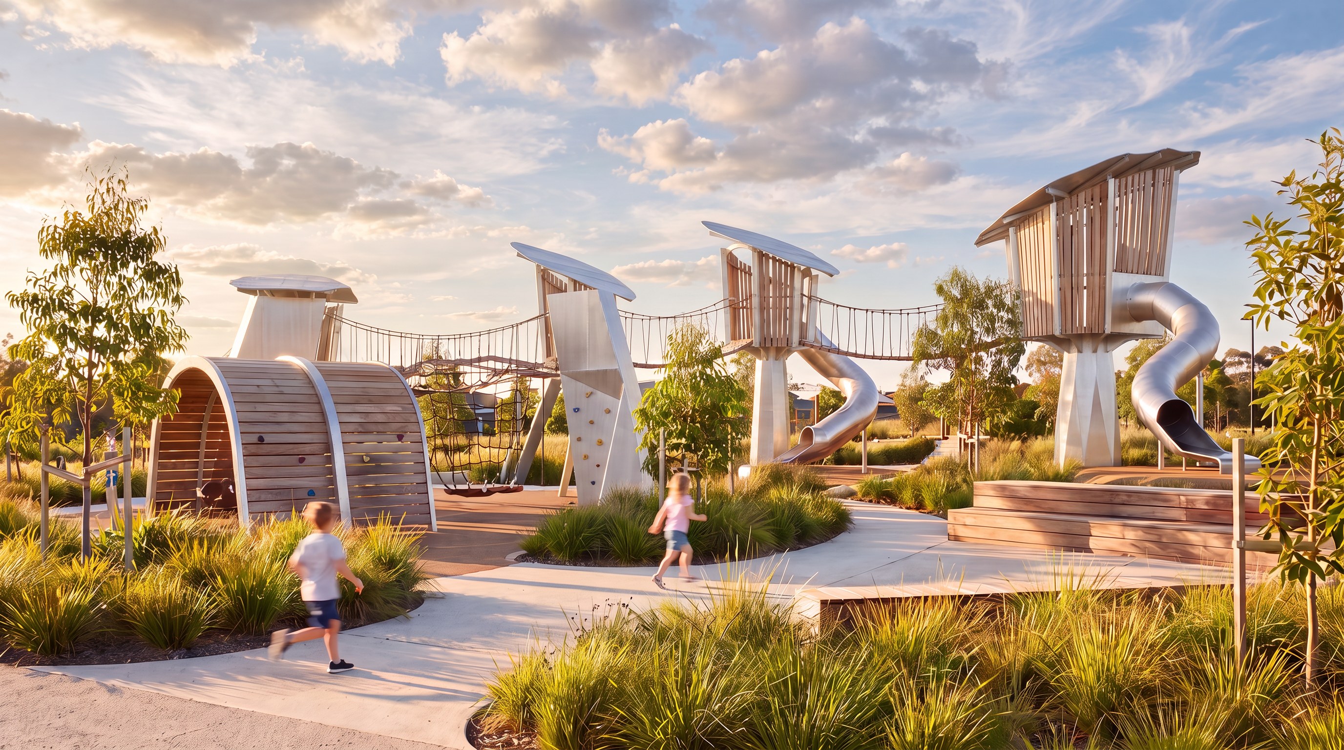 Timber and aluminum play towers among native grasses